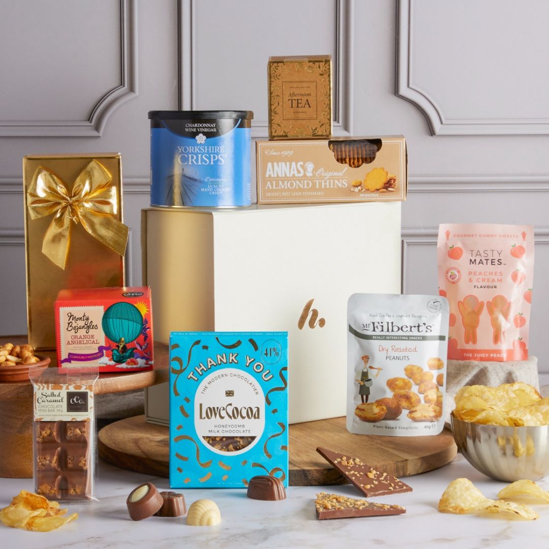 Thank you hamper with contents on display