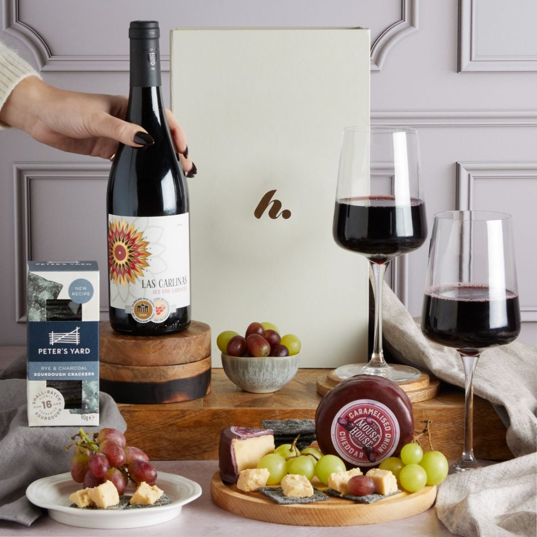 Gourmet Cheese and Wine Gift Box with contents on display